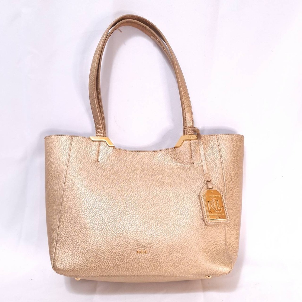 RALPH LAUREN RLL Metallic Gold Pebbled Leather Tote/Shoulder Bag Logo Tag - READ